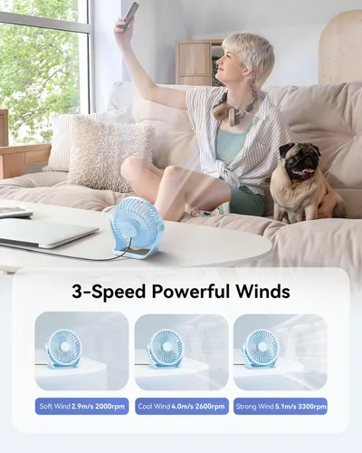 Miniatura 4 de Edvision Ventilador de escritorio con USB, ventilador pequeño portátil de 5 pulgadas, ventilador de mesa personal de 3 velocidades con viento Azul