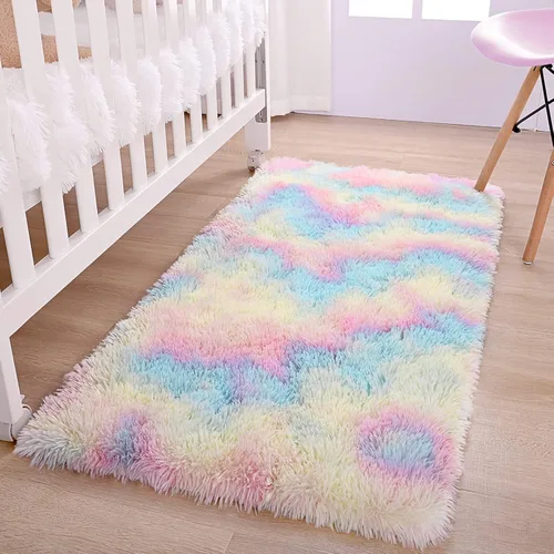 Miniatura 24 de AROGAN Alfombras de área suaves de arco iris para habitación de niñas de 6x9 pies, alfombras esponjosas de dormitorio para niñas, alfombra