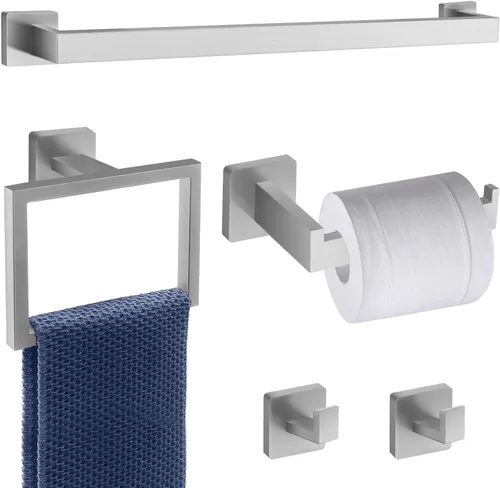 Miniatura 8 de Dorudon atrox Juego de 7 piezas de herrajes de baño de níquel cepillado con toallero, 2 barras de toalla cuadradas de 23 pulgadas y accesorios