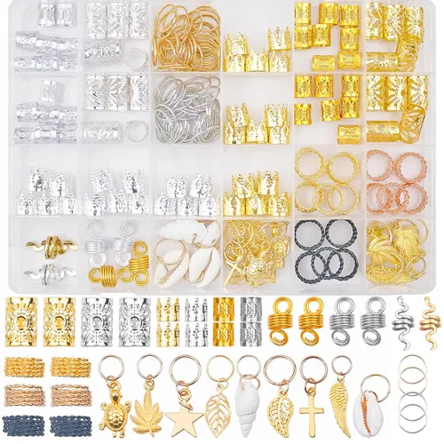 189 piezas de joyería de rastas, cuentas para trenzas de cabello, joyería para el cabello para trenzas, anillos trenzados de metal y oro, puños y