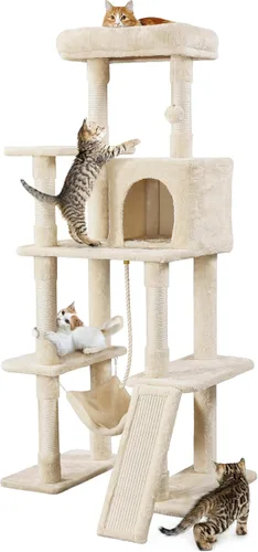 Topeakmart Árbol para gatos de 63 pulgadas, mueble grande de torre para gatos con condominio para gatos, plataforma acolchada y poste rascador