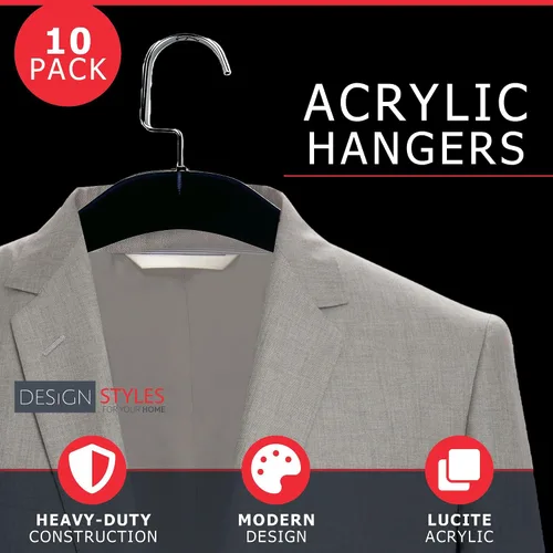 Miniatura 4 de Designstyles - Perchas de acrílico transparente, paquete de 10 organizadores de armario elegantes y resistentes con ganchos de acero cromados, Negro