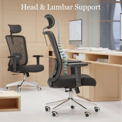 Miniatura 3 de Silla de oficina de malla, ergonómica con soporte lumbar, color negro, estilo moderno, respaldo de malla, bloqueo de inclinación de 90-135