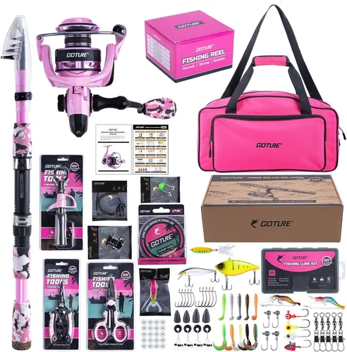 Miniatura 26 de Goture Combo de caña de pescar y carrete rosa - Carrete giratorio ML Action con bolsa rosa - Kit de caña telescópica para principiantes, viajes