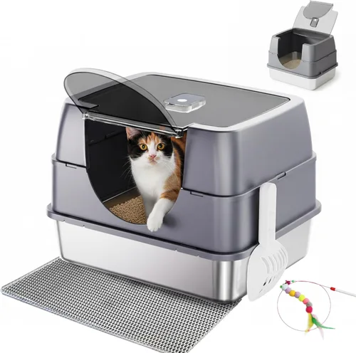 Caja de arena cerrada para gatos con tapa abatible, caja de arena grande cubierta de acero inoxidable, bandeja de arena de metal de alta cara con