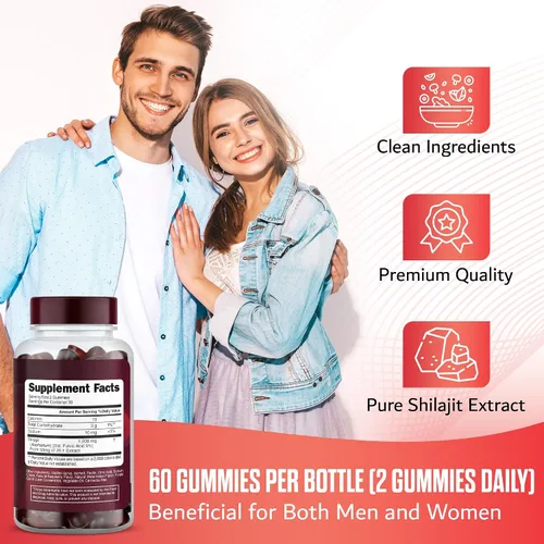 Miniatura 6 de Paquete de 2 gomitas Shilajit del Himalaya, 1000 mg cada una, 60 gomitas veganas sin azúcar por botella, orgánicas, sin OMG, energía, enfoque