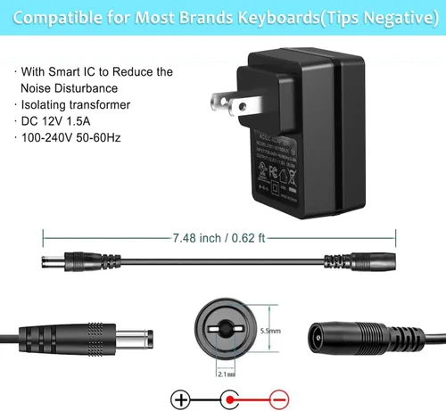 Miniatura 3 de JOYO Adaptador de fuente de alimentación DC 12V 1.5A para teclado, piano digital, pedales de guitarra, mini amplificador Cargador de pared AC