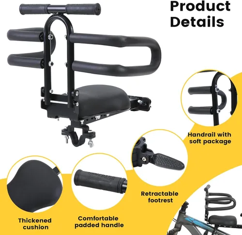 Miniatura 5 de Asiento de bicicleta para niños montado en la parte delantera y manillar, asiento de bicicleta infantil con media barandilla, asientos de bicicleta