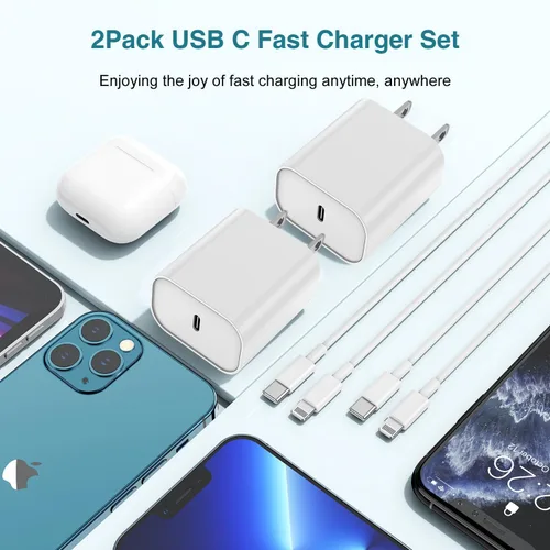 Miniatura 7 de Cargador para iPhone de carga rápida, paquete de 2 bloques de adaptador de cargador de pared USB C de 3 metros con cable USB C a Lightning de carga