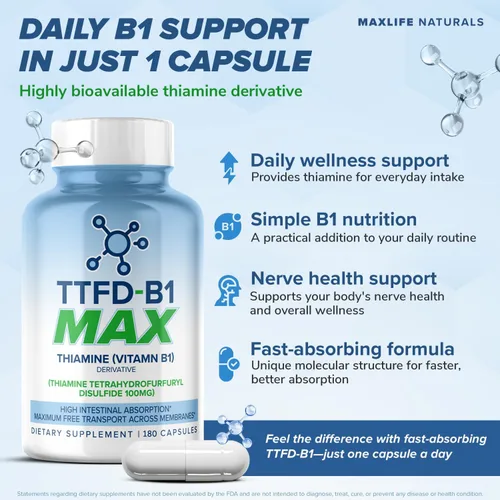 Miniatura 2 de MAXLIFE NATURALS TTFD - Suplemento de tiamina B1 – 60 cápsulas, suplemento de tiamina de vitamina B1 de alta potencia para enfoque, apoya la función