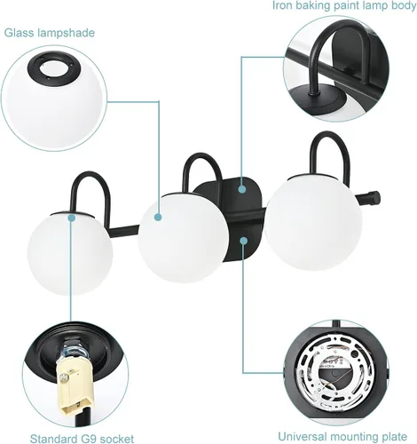 Miniatura 5 de Moderna lámpara negra para tocador de baño, accesorios de iluminación de 3 luces, marco y pantalla de globo de vidrio blanco leche, aplique de pared