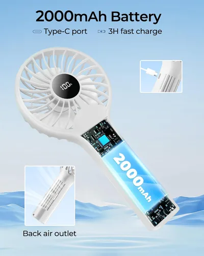 Miniatura 2 de Ventilador de mano portátil, batería recargable de 2000 mAh, viento de 5 velocidades, pantalla LED, mini ventilador de viaje personal, la parte