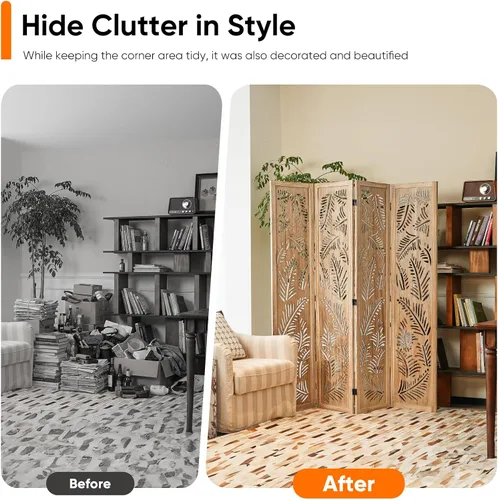 Miniatura 7 de JOSTYLE Divisor de habitación bohemio con tallado de plumas, pantalla de madera calada de 4 paneles, división plegable decorativa para dormitorio
