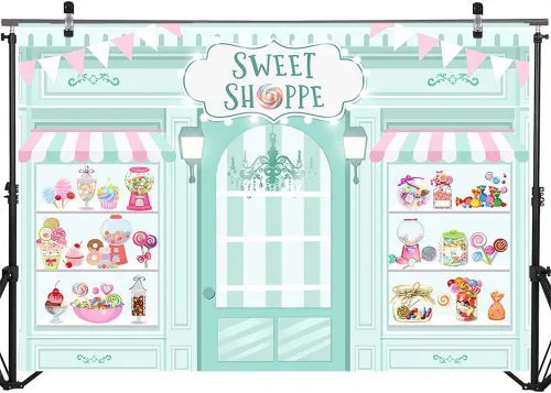 Miniatura 3 de Mocsicka Sweet Shoppe Telón de Fondo Salón de Postres para Decoraciones de Fondo de Fiesta de Cumpleaños de Niña Decoración de Mesa de Pastel de Azul