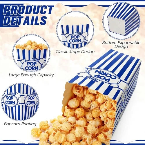 Miniatura 6 de Xinnun 100 piezas Cajas de palomitas de maíz 32 oz Cubos de papel clásicos con rayas desechables a prueba de aceite Caja abierta retro para Azul