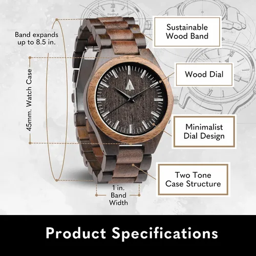 Miniatura 4 de Reloj Treehut para hombre de madera de ébano y nogal con correa de madera y movimiento de cuarzo analógico