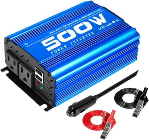 Inversor de corriente para automóvil, tasa de inversor de 500 W/pico de 1000 W DC12V a CA 110 V RV inversor con 2 salidas de CA y 2 puertos USB