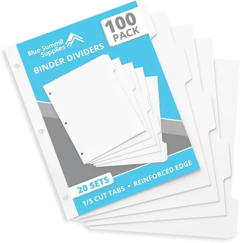 Blue Summit - Separadores de carpetas de 3 anillos con pestañas, borde reforzado, corte de 1/5, tamaño carta, separadores de 5 pestañas para carpeta