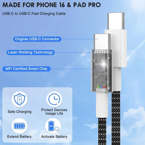 Miniatura 4 de Cable de carga rápida USB C a C de 10 pies, cable de carga largo tipo C a USB C para Apple iPhone 17 Pro Max/17 Air/16 Pro/15 Plus, MacBook Pro
