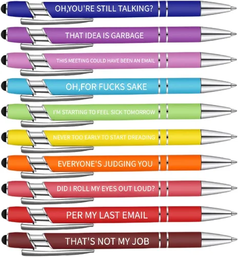 Miniatura 8 de Jxueych 10 bolígrafos motivacionales con citas sarcásticas, regalos de oficina, 2 en 1, elegante lápiz capacitivo de metal para pantallas táctiles