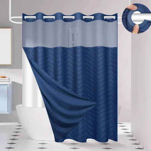 Miniatura 8 de FADOTY Juego de cortina de ducha y forro sin gancho, cortina de ducha negra con broches a presión sin anillos, tela chevron acolchada, impermeable