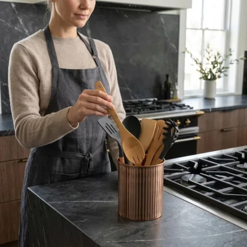 Miniatura 5 de Monarch Abode Kitchen Utensil Holder – Ridge Embossed Metal Antique Copper Utensil Holder, Decorative Utensil Crock for Kitchen Counter, Cooking