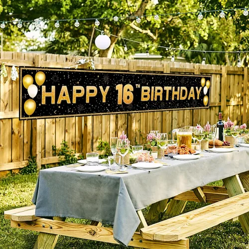 Miniatura 5 de Decoraciones de cumpleaños número 16 para niños y niñas, pancarta de decoración de feliz cumpleaños de 16 años en negro y dorado, suministros