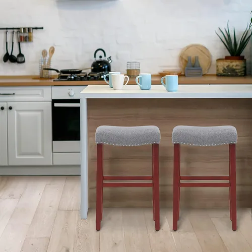Miniatura 2 de WO Home Furniture Taburete de bar de 29 pulgadas, taburete tapizado sin espalda con patas de madera rojo cereza para cocina (gris)