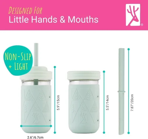 Miniatura 4 de Elk and Friends - Vasos de vidrio para niños y niños pequeños El tarro Mason de vidrio original de 12 oz con fundas + tapas Sorbetes de silicona