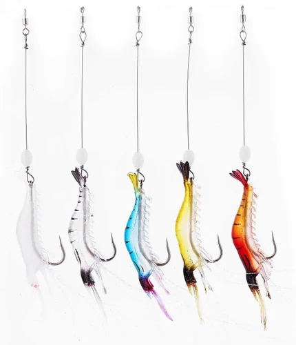 Miniatura 3 de Señuelos de pesca para camarones de silicona artificial, set de cebo suave luminoso Swimbait Señuelo de pesca con ganchos, aparejos de pesca de agua