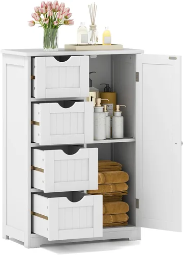 Miniatura 11 de GLACER Armario de piso de baño, armario de almacenamiento multifuncional con 4 cajones y 1 puerta, organizador de almacenamiento lateral de madera