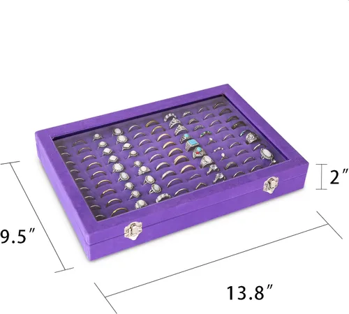 Miniatura 2 de Frebeauty Bandeja organizadora de anillos con 100 ranuras para anillos con tapa transparente, caja de almacenamiento de anillos de terciopelo