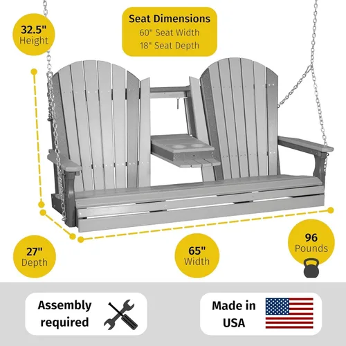 Miniatura 2 de LuxCraft Adirondack - Columpio colgante para porche delantero de 5 pies con consola abatible, asientos hasta 3, banco de columpio de patio al aire