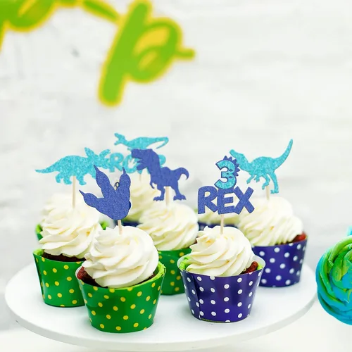 Miniatura 5 de Gyufise 24 piezas de adornos de dinosaurios con purpurina azul 3 Rex Roar Dinosaur Cupcake Picks Three Years Old Dino Theme Baby Shower 3er Birthday