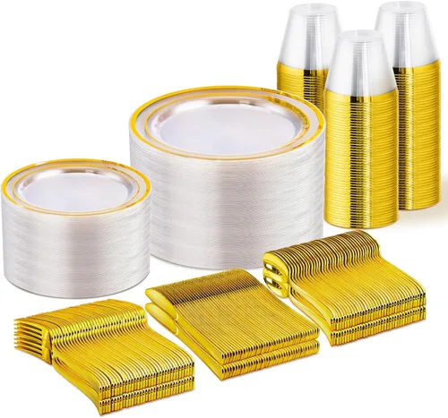 Miniatura 21 de WELLIFE Juego de vajilla desechable de 600 piezas color dorado y blanco para 100 invitados, platos de plástico blanco con borde dorado, platos