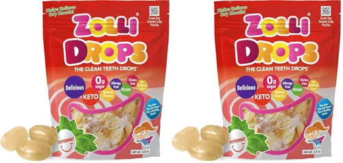 Zollipops Gotas de Menta Veganas 3oz - Golosinas Dentalmente Amigables con Xilitol para una Indulgencia Sin Culpa y Aliento Fresco (Paquete de 2)