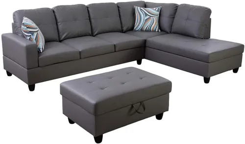 Miniatura 4 de Lifestyle Furniture Juego de sofá de lujo ligero para sala de estar, juego de tres piezas, sofá de cuero artificial, silla otomana