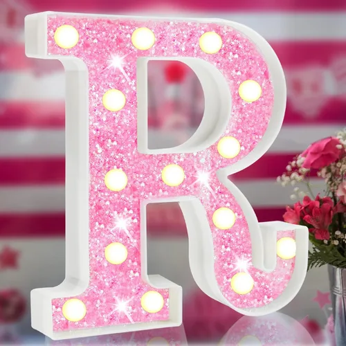 Miniatura 17 de Letras rosas iluminadas, letras del alfabeto con purpurina, letras LED de marquesina, que funcionan con pilas, para iluminar por la noche