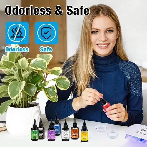 Miniatura 5 de JDiction Resina UV de color con purpurina, resina UV metálica de 8 colores con efecto brillante, kit de resinas de purpurina dura para fabricación