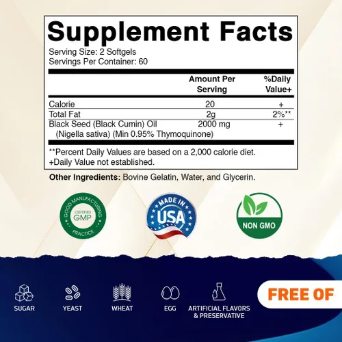 Miniatura 2 de Vitamatic Aceite de semilla negra de 2000 mg por porción, aceite de Nigella sativa prensado en frío, cápsulas blandas de alta potencia para apoyo