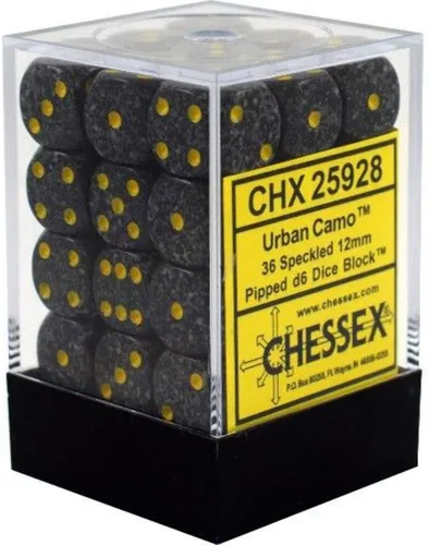 Chessex Juego de dados poliédricos de camuflaje urbano moteado de 0.472 pulgadas, compatible con Calabozos y Dragones, Pathfinder y otros juegos de