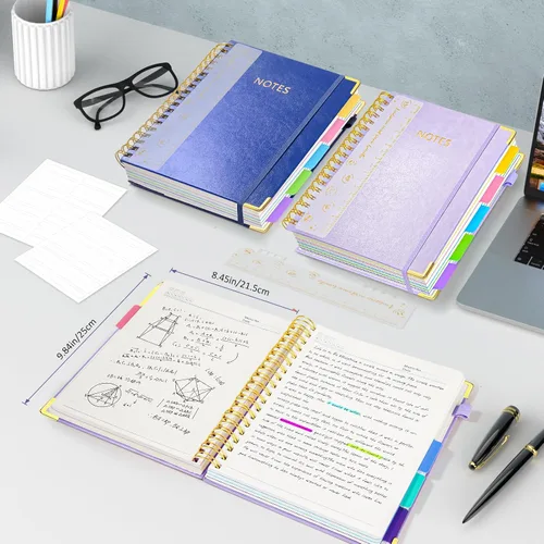 Miniatura 3 de Cuaderno de espiral de tapa dura, cuadernos grandes de 8"x10" B5 con divisores extraíbles y pestañas, 300 páginas, cuaderno de 5 asignaturas