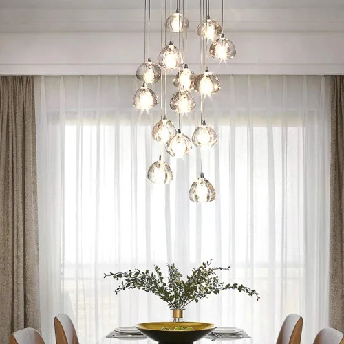 Miniatura 8 de Candelabro de cristal LED moderno, lámpara colgante de gota de lluvia, lámpara de techo de bola de cristal, 14 luces para escalera, sala de estar