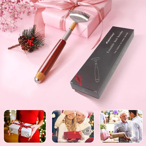 Miniatura 7 de Rascador de espalda para mujeres, hombres y adultos, extensible con bola de rodillo, mango de madera maciza y garra de acero inoxidable 304 Rojo