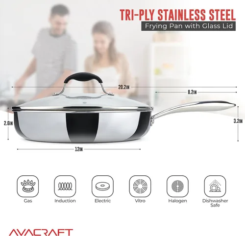 Miniatura 2 de AVACRAFT - Sartén de acero inoxidable 18/10 con tapa de cristal, dos boquillas laterales para fácil verter y mango ergonómico, sartén, 12 pulgadas