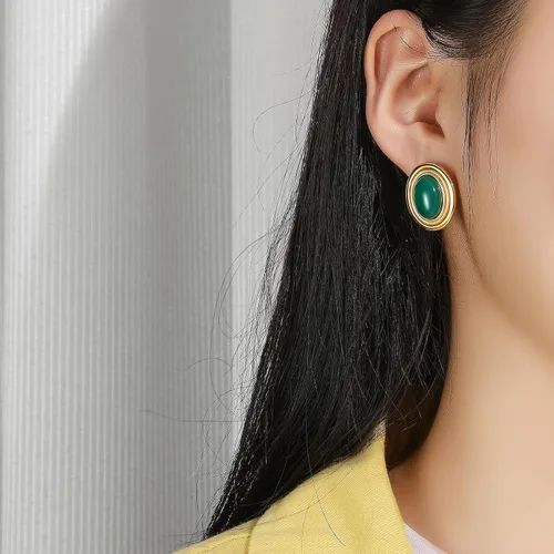 Miniatura 3 de Aretes gruesos de color dorado, geométricos de oro de 18 quilates, turquesa, lapislázuli, verde, rojo, ovalados para mujer