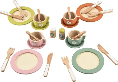 Giant bean 27 piezas de platos y platos de juguete de madera para juego de cocina, accesorios de cocina de madera para niñas y niños, juguetes