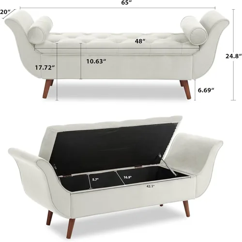 Miniatura 2 de Banco de almacenamiento de terciopelo de 65 pulgadas, banco tapizado vintage de 65 pulgadas con botones armados enrollados para dormitorio, sala