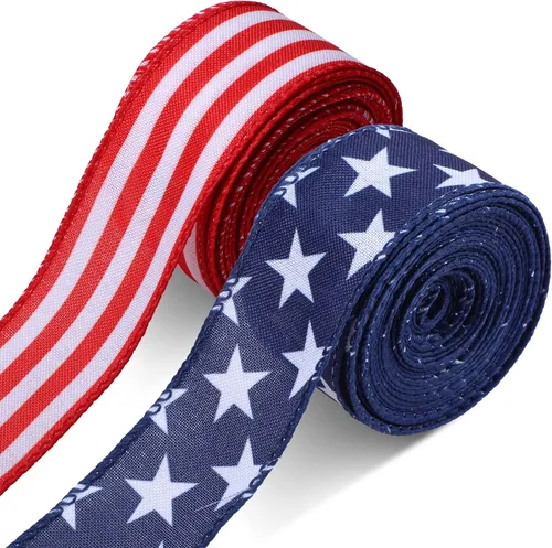 Hoteam 2 rollos de cinta roja, blanca y azul de 20 yardas, cinta patriótica de estrellas y rayas con alambre real de Estados Unidos, manualidades