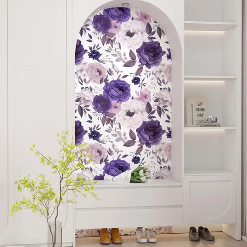 Miniatura 2 de BOKEBEVE Papel de Contacto Floral de Rosas Blancas y Moradas Despegar y Pegar Papel Tapiz Boho Papel de Pared para Encimera de Cocina Gabinete Apto